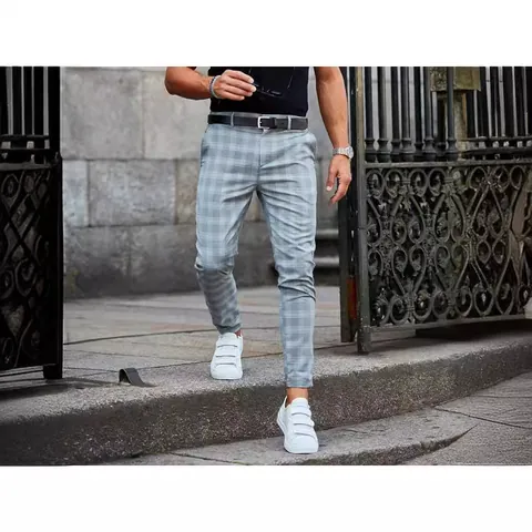 Men Casual Plaid Pants Lightweight Polyester Nylon Spliced Bottom Loose Fit Chinos Everyday Work Trousers For Men