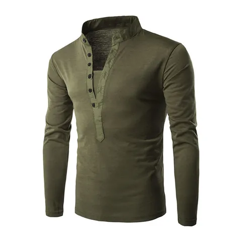 Men Slim Fit Stand Collar Long Sleeve Henley T-Shirt Casual Solid Color Button Placket Polyester Top Spring Autumn