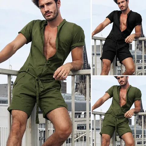 Men Casual Short Sleeve Jumpsuit Romper Cotton Solid Color V Neck Drawstring Waist One Piece Summer Fashion Outfit Top And Bottom