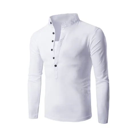 Men Slim Fit Stand Collar Long Sleeve Henley T-Shirt Casual Solid Color Button Placket Polyester Top Spring Autumn