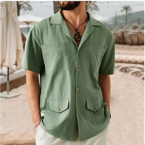 Camicia da Uomo in Misto Cotone Casual a Maniche Corte Risvolto Estivo Multi-Tasca Work Cargo Top Lavato Tinta Unita
