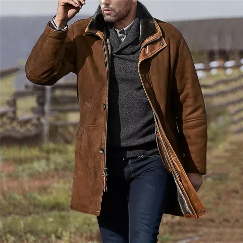 Men Mid-Length Overcoat Polyester Woolen Look Faux Fur Lapel Collar Single Breasted Loose Jacket Casual Warm Outerwear Top