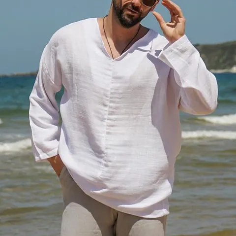 Men Casual Polyester Shirt V Neck Long Sleeve Loose Fit Beach Vacation Top American Vintage Solid Color Breathable Shirt