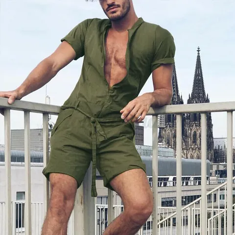 Men Casual Short Sleeve Jumpsuit Romper Cotton Solid Color V Neck Drawstring Waist One Piece Summer Fashion Outfit Top And Bottom