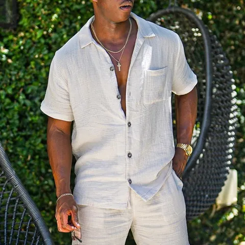 Men Casual Cotton Short Sleeve Shirt And Shorts Top And Bottom Set Minimalist Solid Color Lapel Shirt For Summer Vacation