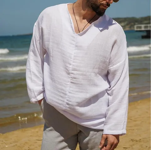 Men Casual Polyester Shirt V Neck Long Sleeve Loose Fit Beach Vacation Top American Vintage Solid Color Breathable Shirt