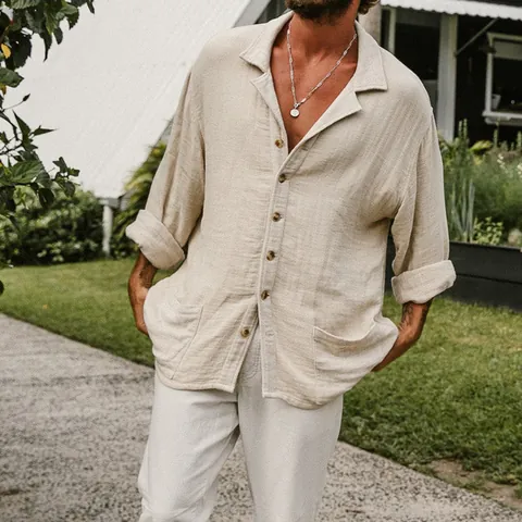 Men Casual Linen Cotton Shirt Long Sleeve Button Down Shirt Loose Fit Beach Shirt Breathable Lapel Top With Pockets