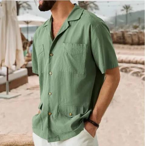 Camicia da Uomo in Misto Cotone Casual a Maniche Corte Risvolto Estivo Multi-Tasca Work Cargo Top Lavato Tinta Unita