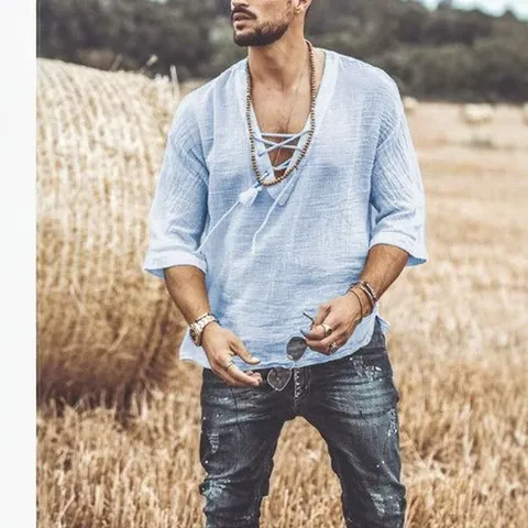 Ανδρικό Casual Βαμβακερό T-Shirt με Λαιμόκοψη V Κορδόνι Τρύπες Μισό Μανίκι Vintage Μονόχρωμη Χαλαρή Αναπνεύσιμη Μπλούζα για Καλοκαίρι