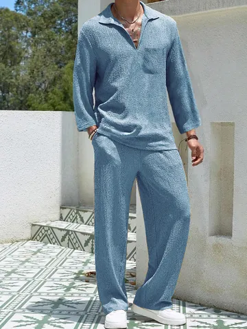 Set Top E Bottom Da Uomo In Poliestere Casual Testurizzato Camicia A Maniche Lunghe Con Scollo A V E Pantaloni Dritti Completo Da Uomo Smart Casual