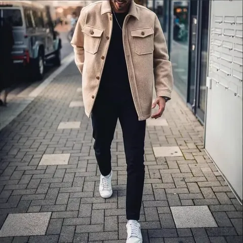 Men Casual Wool Blend Shacket Lapel Button Down Jacket With Chest Pockets Warm Autumn Winter Urban Fashion Outerwear Top Coat