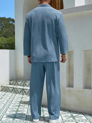 Set Top E Bottom Da Uomo In Poliestere Casual Testurizzato Camicia A Maniche Lunghe Con Scollo A V E Pantaloni Dritti Completo Da Uomo Smart Casual