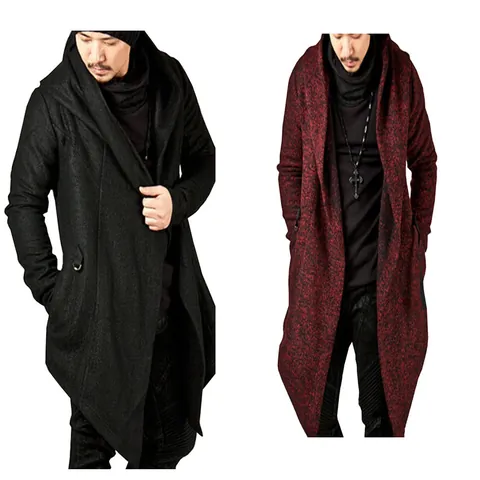 Men Long Hooded Windbreaker Jacket Irregular Hem Open Front Cardigan Cotton Mid-Length Streetwear Gothic Outerwear Top