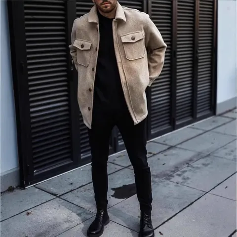 Men Casual Wool Blend Shacket Lapel Button Down Jacket With Chest Pockets Warm Autumn Winter Urban Fashion Outerwear Top Coat