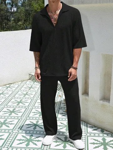 Herren Casual Zweiteiler Outfits Strukturierte Kurzarm Hemd Und Lange Hose Top Und Bottom Einfarbig Sommer Urban Fashion