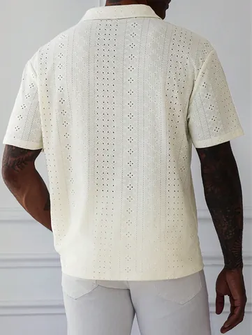 Men's Casual Hollow Out Knit Top Polyester Cotton Blend Short Sleeve Lapel Shirt Urban Fashion Summer Crochet Polo Top