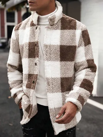 Men's Casual Plaid Fleece Jacket Outdoor Warm Stand Collar Button Down Sweatshirt With Pockets Winter Autumn Fleece Coat Top