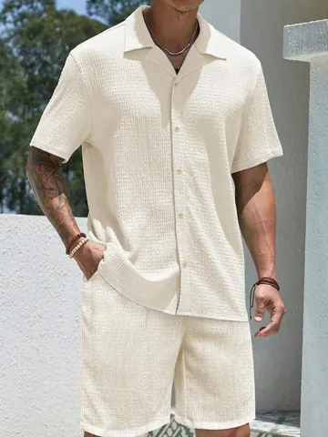 Men's Summer Casual Top And Bottom Short Sleeve Button Down Shirt And Shorts Solid Color Textured Polyester Men's Outfit