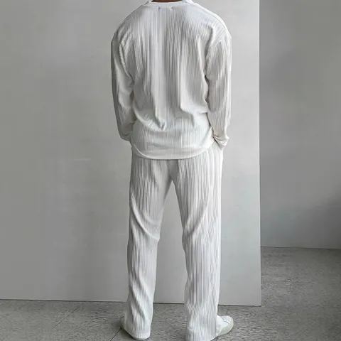 Men's Casual Pleated Long Sleeve Shirt and Pants Set Solid Color Summer Commuter Two Piece Outfit Top and Bottom