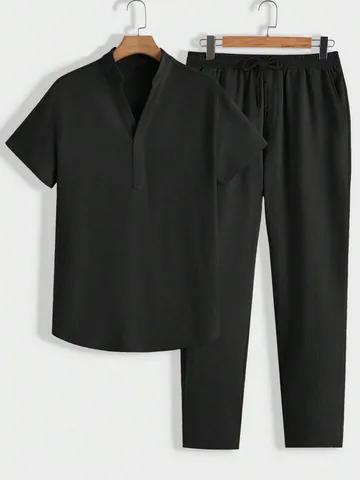 Men Casual Set With Top And Bottom Short Sleeve V-Neck Henley Shirt and Long Pants Waffle Textured Summer Outfit