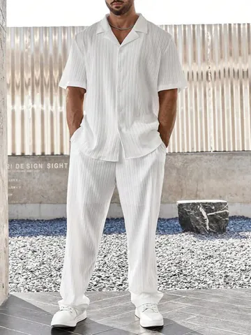 Abito Plissettato Casual da Uomo in Poliestere Smart Urban Camicia a Maniche Corte e Pantaloni Lunghi Top And Bottom Outfit