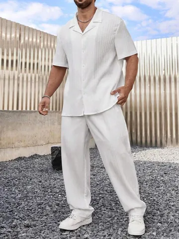 Abito Plissettato Casual da Uomo in Poliestere Smart Urban Camicia a Maniche Corte e Pantaloni Lunghi Top And Bottom Outfit