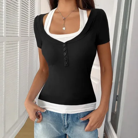 Damen Casual Lagen-Look Eckiger Ausschnitt Farbblock Kurzarm T-Shirt Slim Fit Knopf Dekor Rippstrick Top Mode Tee