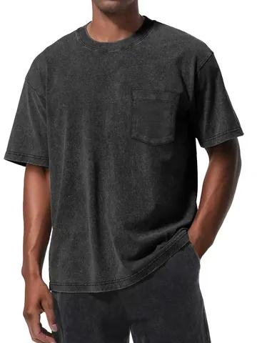 Herren Casual Vintage Gewaschenes Baumwoll T-Shirt Lockere Passform Einifarbig Kurzarm Rundhals Taschen Top