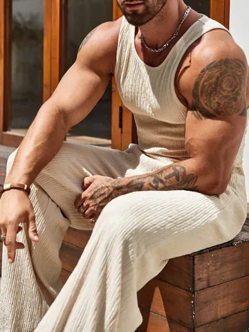 Men's Summer American Slim Fit Ribbed Sports Set Polyester Sleeveless Vest And Wide Leg Pants Casual Fitness Tracksuit