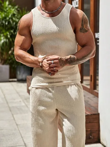 Men's Summer American Slim Fit Ribbed Sports Set Polyester Sleeveless Vest And Wide Leg Pants Casual Fitness Tracksuit