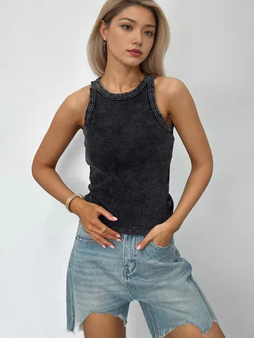 Camiseta sin Mangas Vintage Americano Lavado al Ácido Desgastado para Mujer Algodón Spandex Punto de Canalé Corte Ajustado Top Estampado sin Mangas Streetwear de Verano