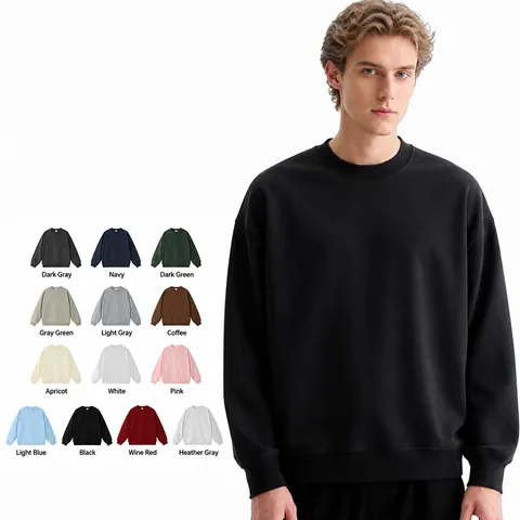 Felpa da Uomo Casual a Girocollo in French Terry Pesante Spalle Calate Pullover Oversize Tinta Unita Streetwear Trendy Top