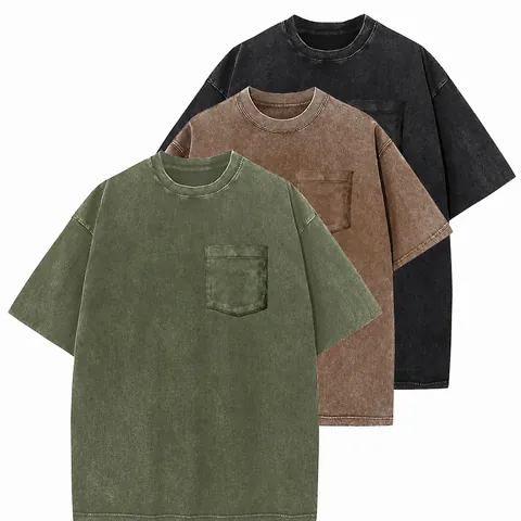 Camiseta de Hombre Vintage Lavada de Algodón Bordado Oversize Hombro Caído con Bolsillo Cuello Redondo Pesada Casual