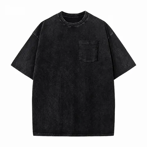 Camiseta de Hombre Vintage Lavada de Algodón Bordado Oversize Hombro Caído con Bolsillo Cuello Redondo Pesada Casual