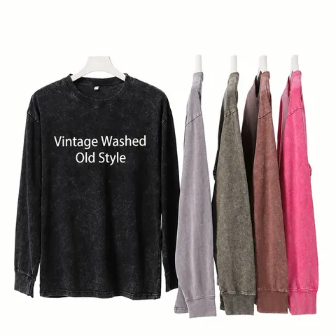 American Vintage Heavyweight Washed Cotton Long Sleeve T-Shirt For Men Oversized Distressed Acid Wash Round Neck Top