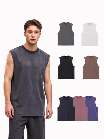 Camiseta sin Mangas de Hombre Vintage Lavada Envejecida Oversized Heavyweight Mezcla de Algodón Casual Moda Verano Top