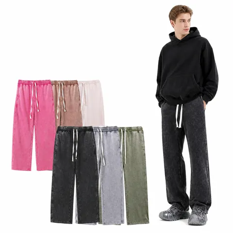 Pantalon de Jogging Oversize Snow Wash Homme Rétro Poids Lourd Mélange de Coton Jambe Droite Décontracté Streetwear Large
