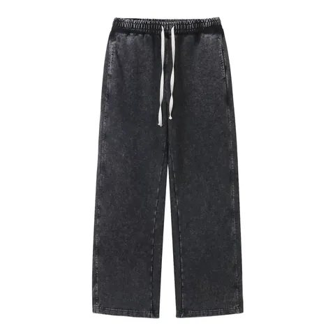 Pantalon de Jogging Oversize Snow Wash Homme Rétro Poids Lourd Mélange de Coton Jambe Droite Décontracté Streetwear Large