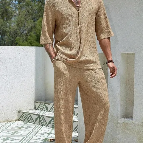 Men's Casual Short Sleeve Shirt Long Pants Top And Bottom Cotton Textured Crinkle Minimalist Vacation Leisure Suit For Men
