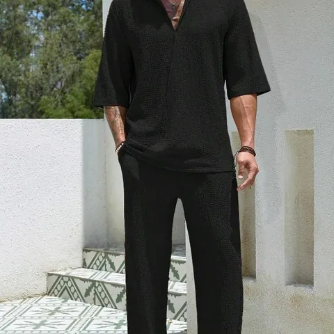 Men's Casual Short Sleeve Shirt Long Pants Top And Bottom Cotton Textured Crinkle Minimalist Vacation Leisure Suit For Men