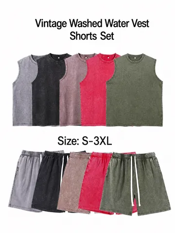 Vintage Washed Cotton Tank Top And Shorts For Men Casual Oversized Sleeveless Vest Retro Streetwear Athletic Top And Bottom