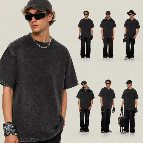 Herren Schweres Oversize Vintage Waschen Baumwolle Rundhalsausschnitt Kurzarm T-Shirt Lose Passform Casual Schultergesenktes Oberteil