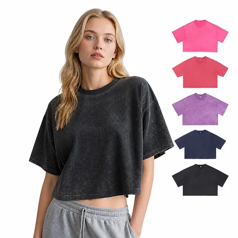 Women Retro Acid Wash Cotton Cropped T-Shirt Short Sleeve Drop Shoulder Oversized Distressed Washed Streetwear Top
