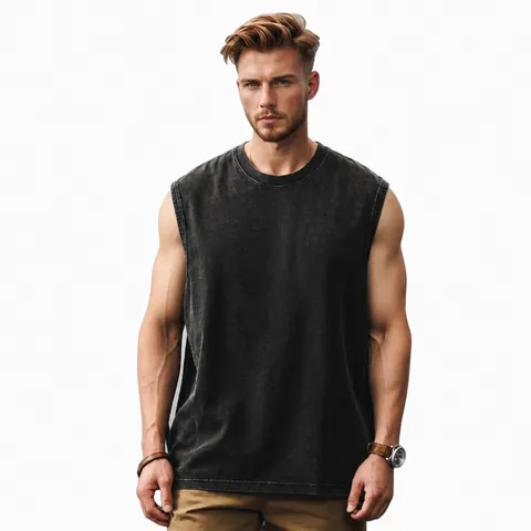 Men Vintage Acid Washed Tank Top Oversize Cotton Sleeveless Vest Retro Loose Streetwear Sport Casual Gym Top Soft Breathing