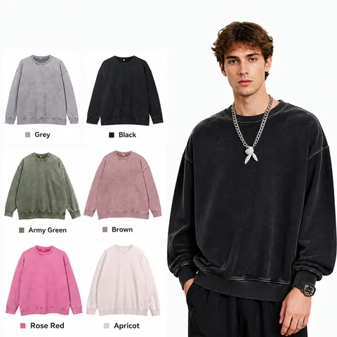 Sweatshirt Col Rond Oversize Lavage Vintage Coton Heavyweight French Terry Pullover Coupe Ample Manches Longues Top Pour Hommes Femmes