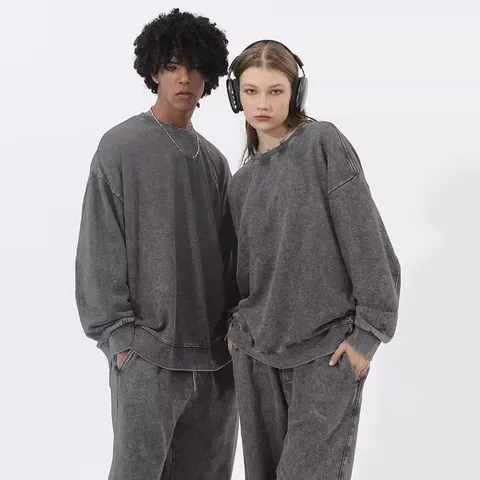 Sweatshirt Col Rond Oversize Lavage Vintage Coton Heavyweight French Terry Pullover Coupe Ample Manches Longues Top Pour Hommes Femmes