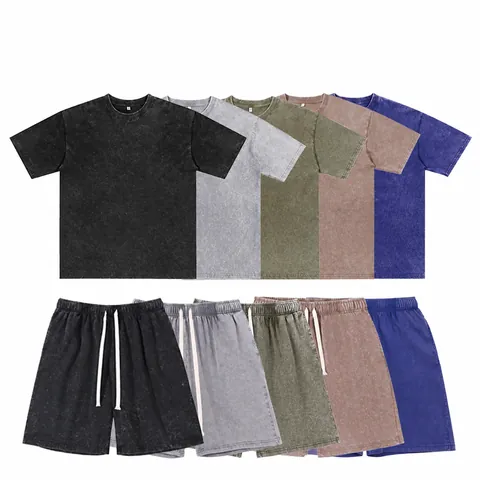 Men Vintage Washed Distressed Oversized T-Shirt And Shorts Top And Bottom Heavy Cotton Solid Color Casual Streetwear Summer Outfit