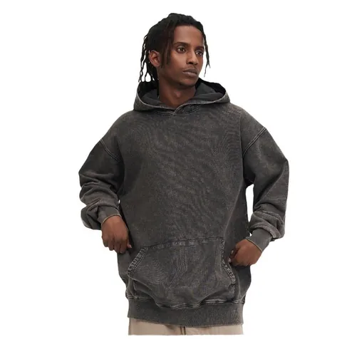 Men Vintage Washed Distressed Hoodie Oversize Loose Fit Heavyweight Combed Cotton French Terry Printed Streetwear Hooded Sweatshirt Top