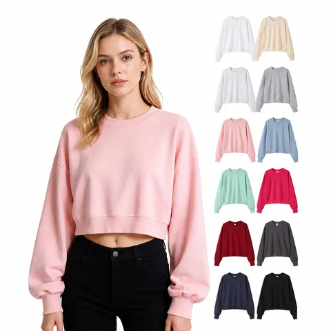 Women Cropped Sweatshirt Combed Cotton Loose Fit Crewneck Long Sleeve Top Solid Color Printed Streetwear Casual Fashion Pullover