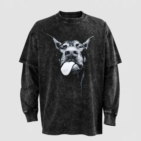 Camiseta de Manga Larga de Dos Piezas Falsas de Algodón Lavado Vintage para Hombre Estilo Retro Acid Wash Oversized